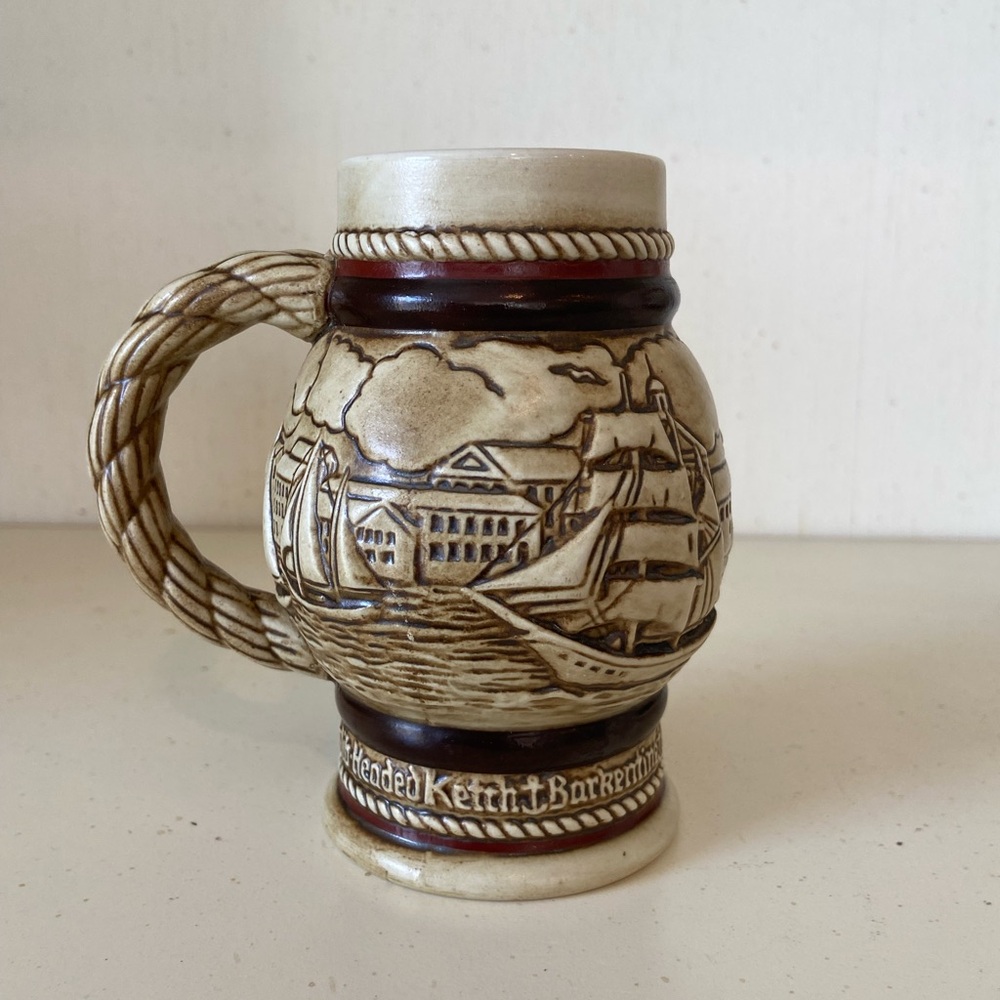 Avon Ceramic Beer Stein with Nautical Scene in Cream and Brown 4.5” Vintage